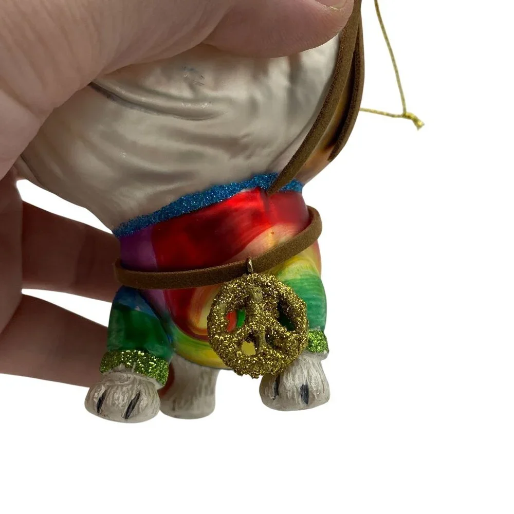 Bull Dog Hippie peach rainbow google eye Glass Christmas tree ornament